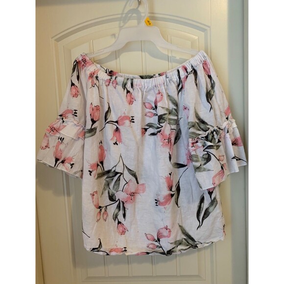 HESTER & ORCHARD WOMENS OFF SHOULDER LINEN BLOUSE LARGE FLORAL - Picture 1 of 2